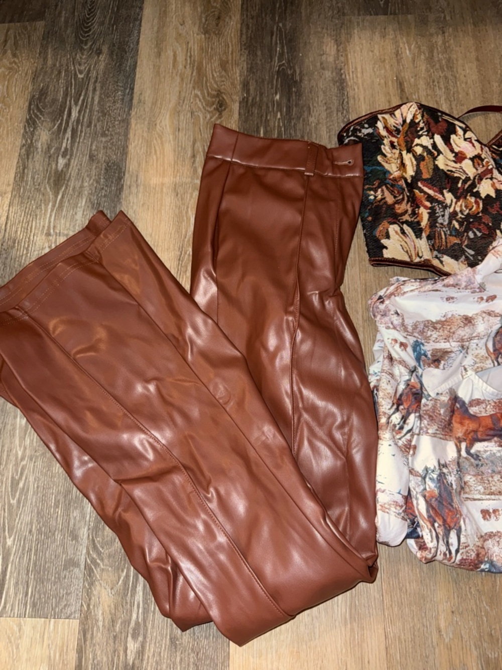Women’s Faux Leather Wide-Leg Pants - Brown